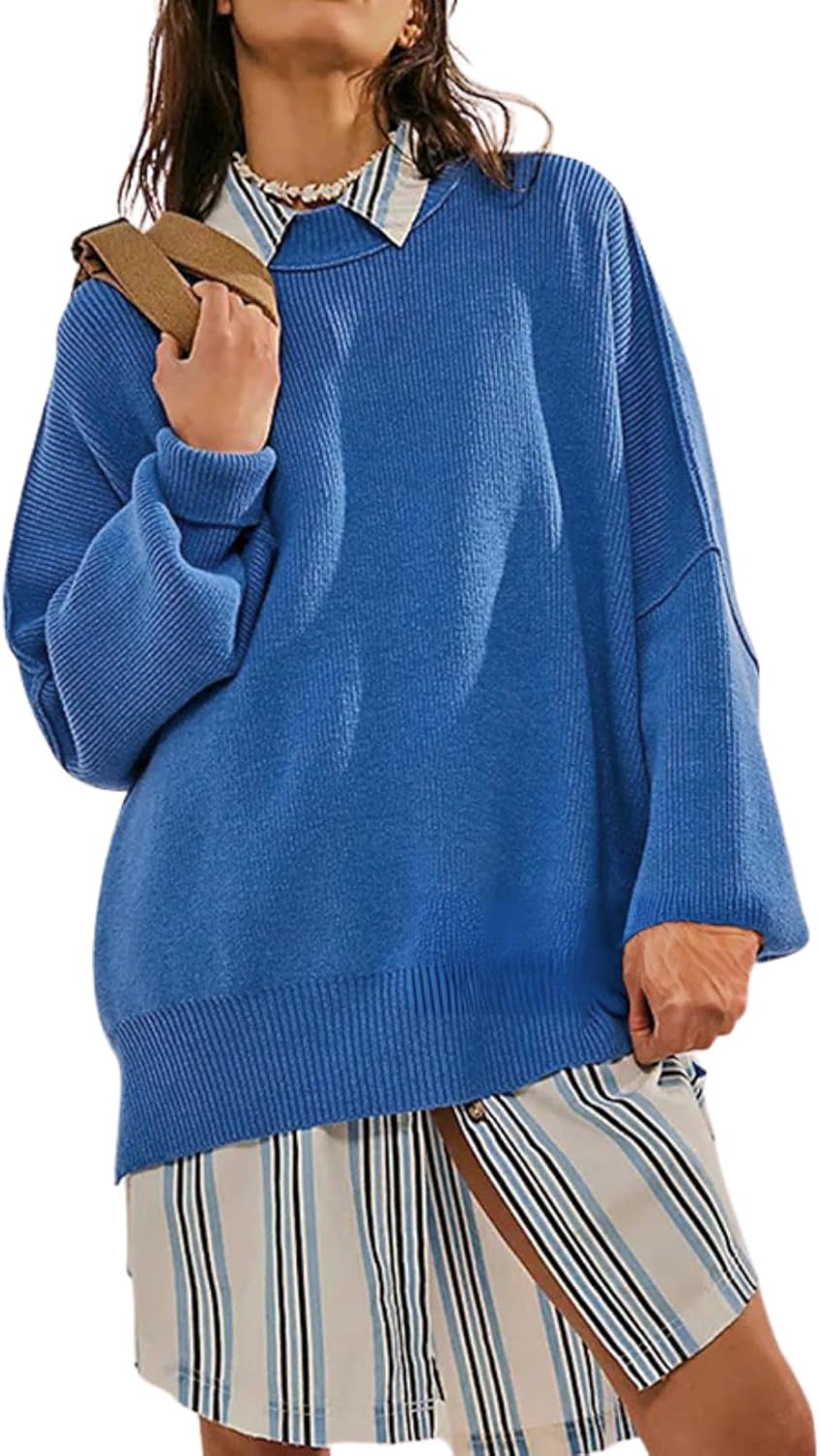 LIZALIG Women's Oversized Batwing Casual Sweaters Fall Outfits Knit Side Slit Fashion Crewneck Pullover Batwing Tops