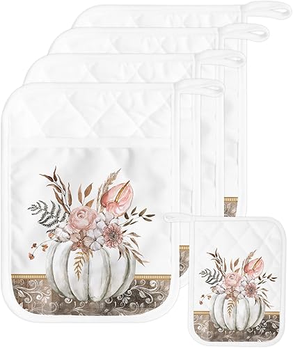 Pumpkin 5Pcs Pot Holders for Kitchen,Non Slip & Heat Insulation Terry Cloth Potholder Set with Pocket,Thick Hot Pad Oven Mitts Trivet Coaster for