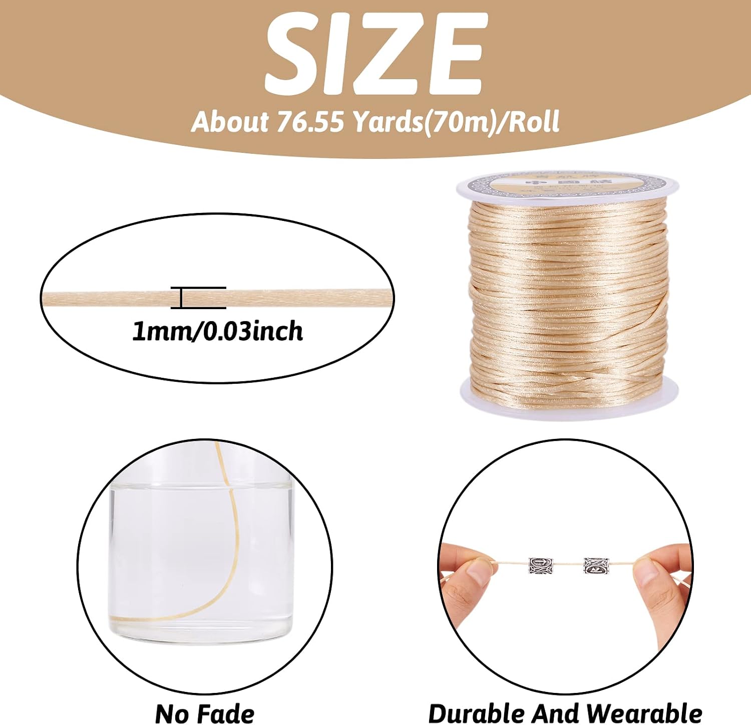 Pandahall 82 Yards Nylon Beading Thread 1mm Braided Nylon Beading String Rattail Satin Cord for Knotting Beading Jewelry Making (Light Khaki)