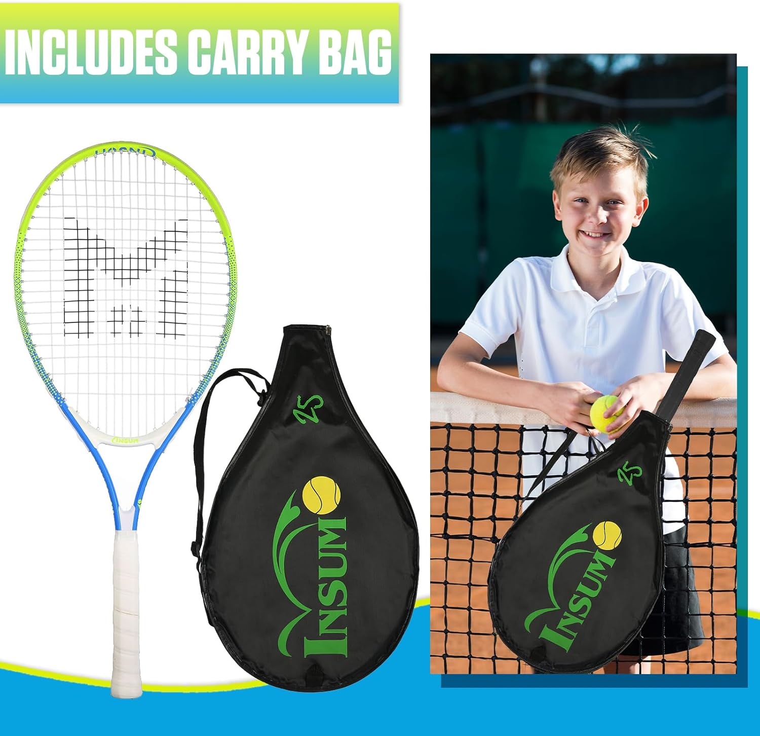 INSUM 17-25 inch Kids Tennis Racket for Aged 2~12 Starter, Multi-Color & Size Toddlers Tennis Racket for Boys & Girls Beginner, Come with Shoulder Cover Bag for Carry