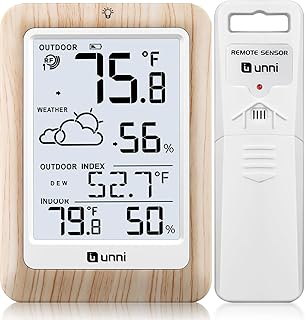 Indoor Outdoor Thermometer Wireless Weather Station, Temperature Humidity Monitor Battery Powered Inside Outside Thermometers with 330ft Range Remote Sensor and Backlight Display(Wood)