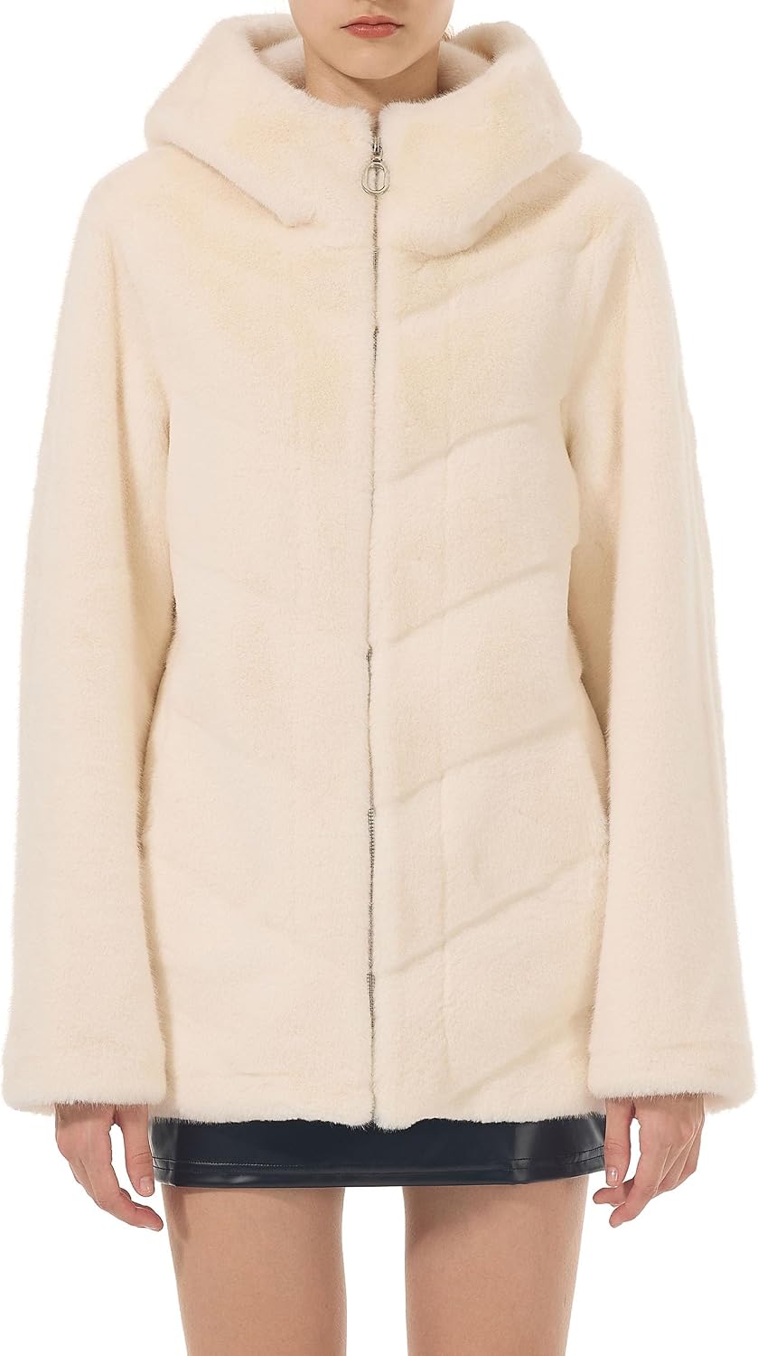 Women's Faux Fur Coat Zip Up Hoodie Faux Mink Fur Fluffy Open Front Hooded Jacket Fall Winter Coats with Pockets