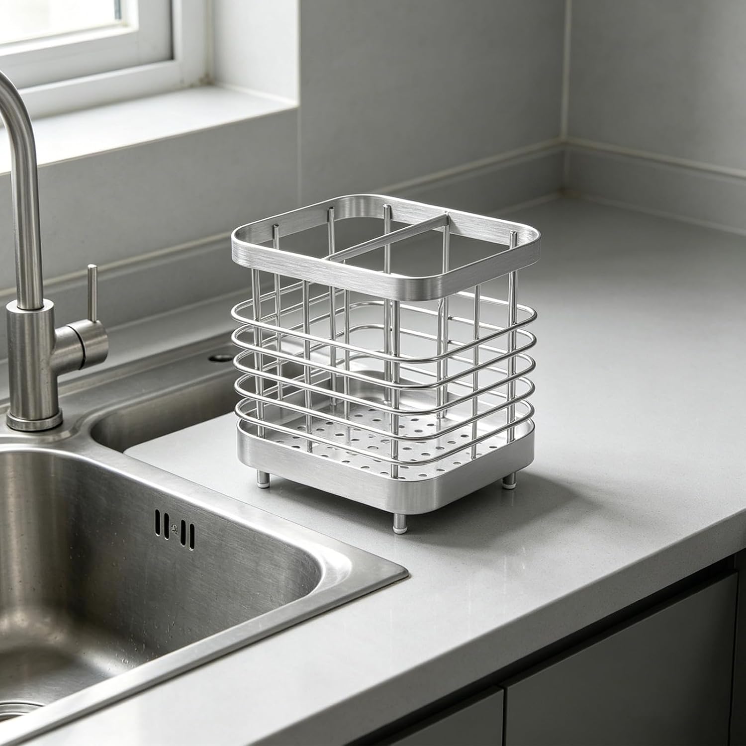 INOOMP Stainless Steel Chopstick Holder Storage Rack with 2 Divided Compartments and Fast Drainage, Sleek Metal Spoon Chopstick Caddy for Kitchen Utensil Organization during Family