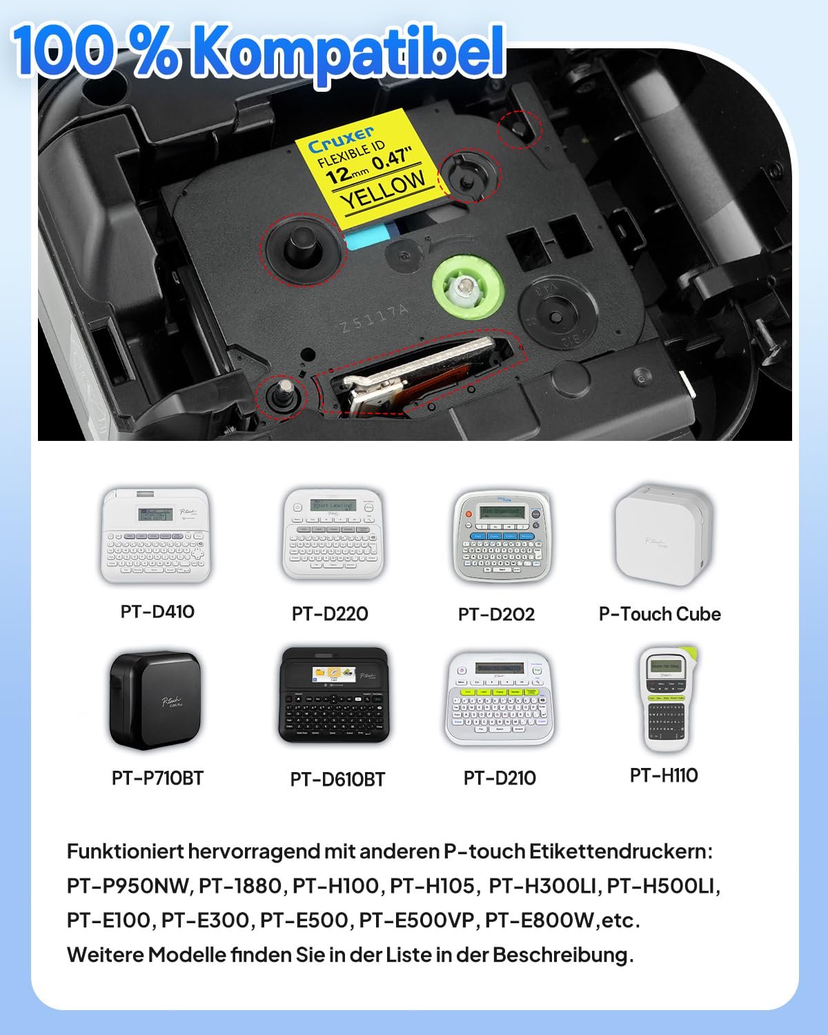 Cruxer 200er-Pack Kompatibel mit Ptouch TZeFX631 12 mm Schwarz auf Gelb | TZeFX631 Flexible ID laminiertes Etikettenband Ersatz für Ptouch PT-H110 H100 H105 P300BT E110 D200 Etikettendrucker