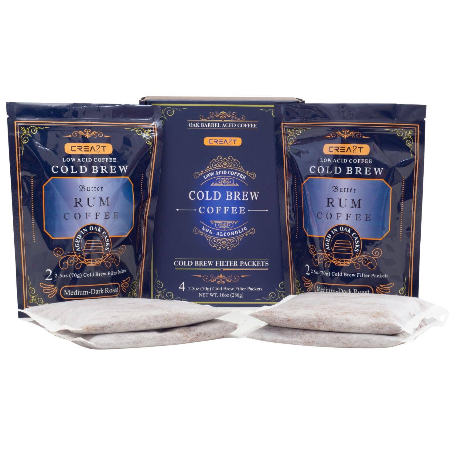 CREA8T Cold Brew Butter Rum flavored coffee - Pack of 4 Cold Brew GROUND Filter packets 2.5oz each totalling 10oz.