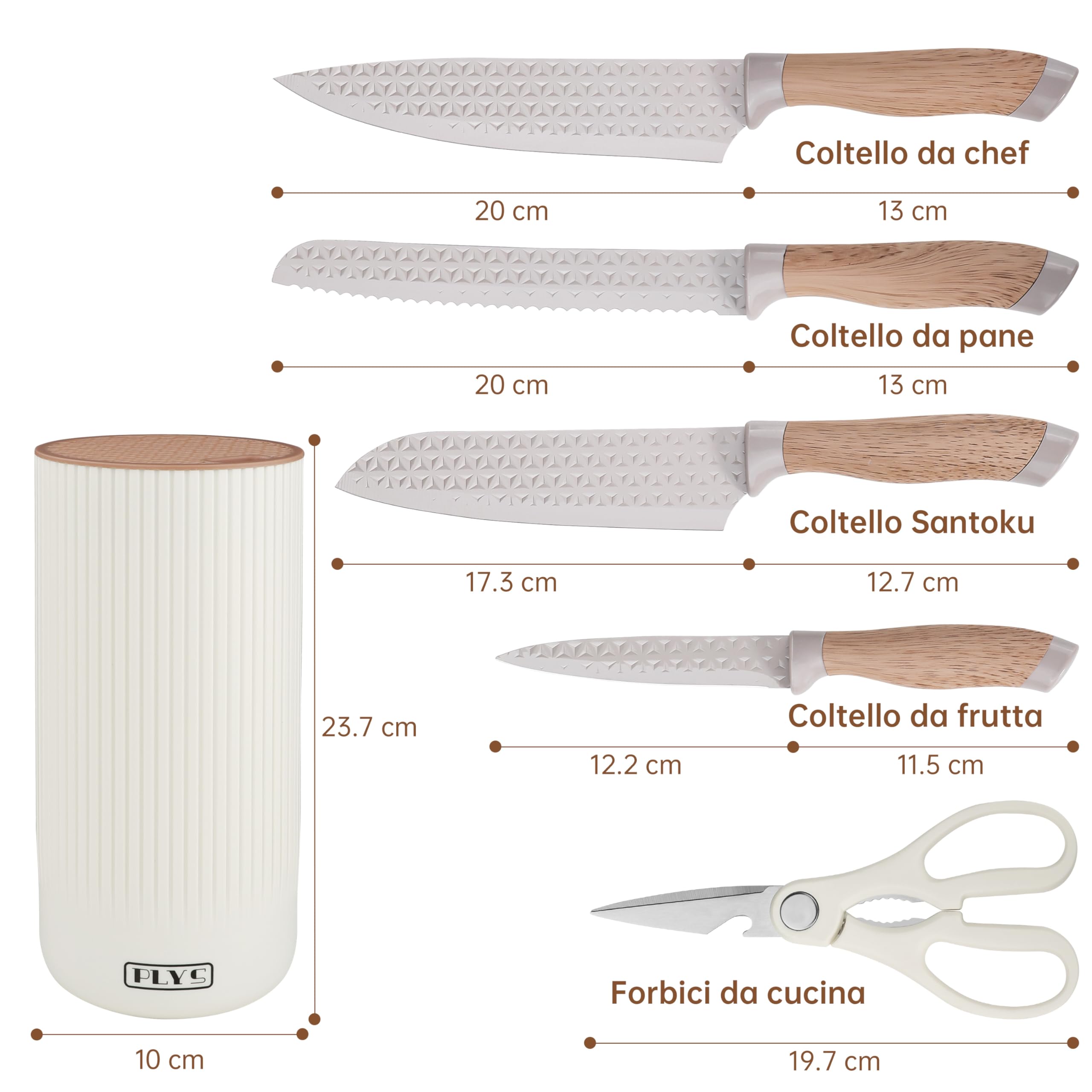 Set di Coltelli: Set di Coltelli da 6 Pezzi Comprende 2 Coltelli da Cucina, 1 Coltello da Pane, 1 Paio di Forbici e Un Ceppo Portacoltelli Universale, Set da Cucina, Carne, Verdura e Frutta, Cachi