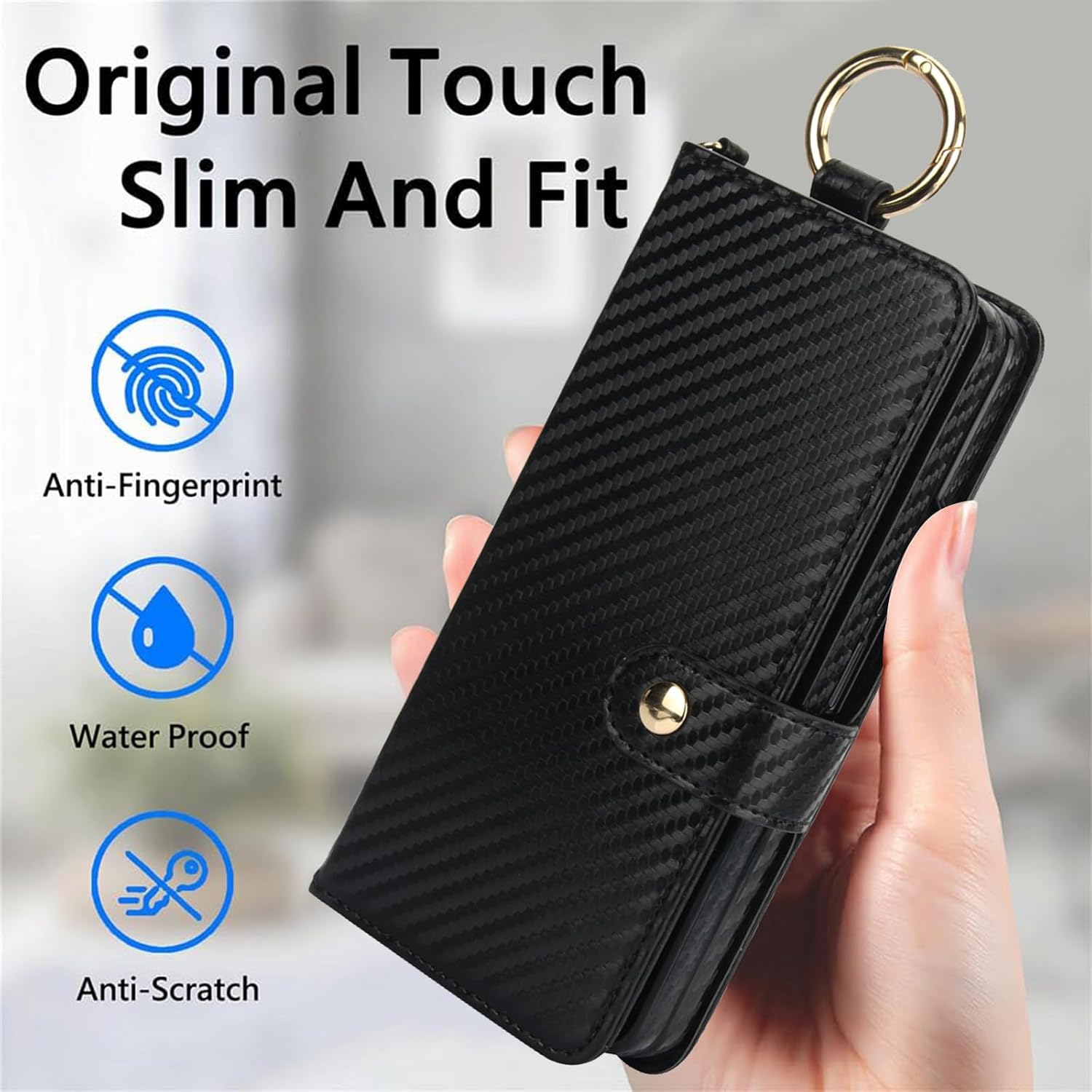 Asuwish Phone Case for Samsung Galaxy Z Fold 5 5G 2023 Wallet Cover with S Pen SPen Slot Credit Card Holder Stand RFID Blocking Slim Wrist Strap Cell ZFold5 Z5 G Fold5 5Z Women Men Carbon Fiber Black