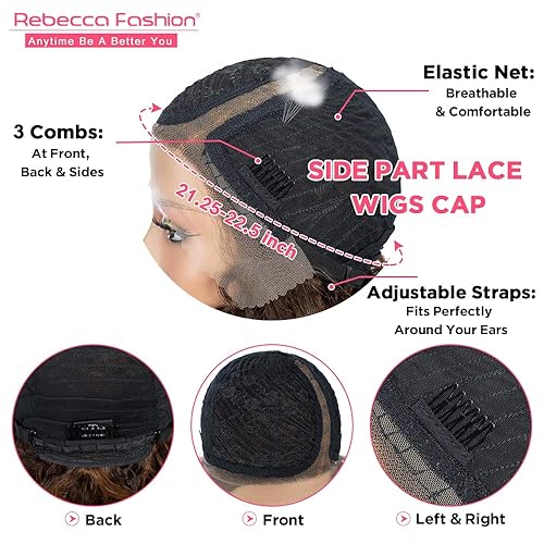 Miniatura 5 de Rebecca Fashion Pelucas de cabello humano rizado rubio degradado con encaje frontal de 12 pulgadas, pelucas de cabello humano ondulado con parte