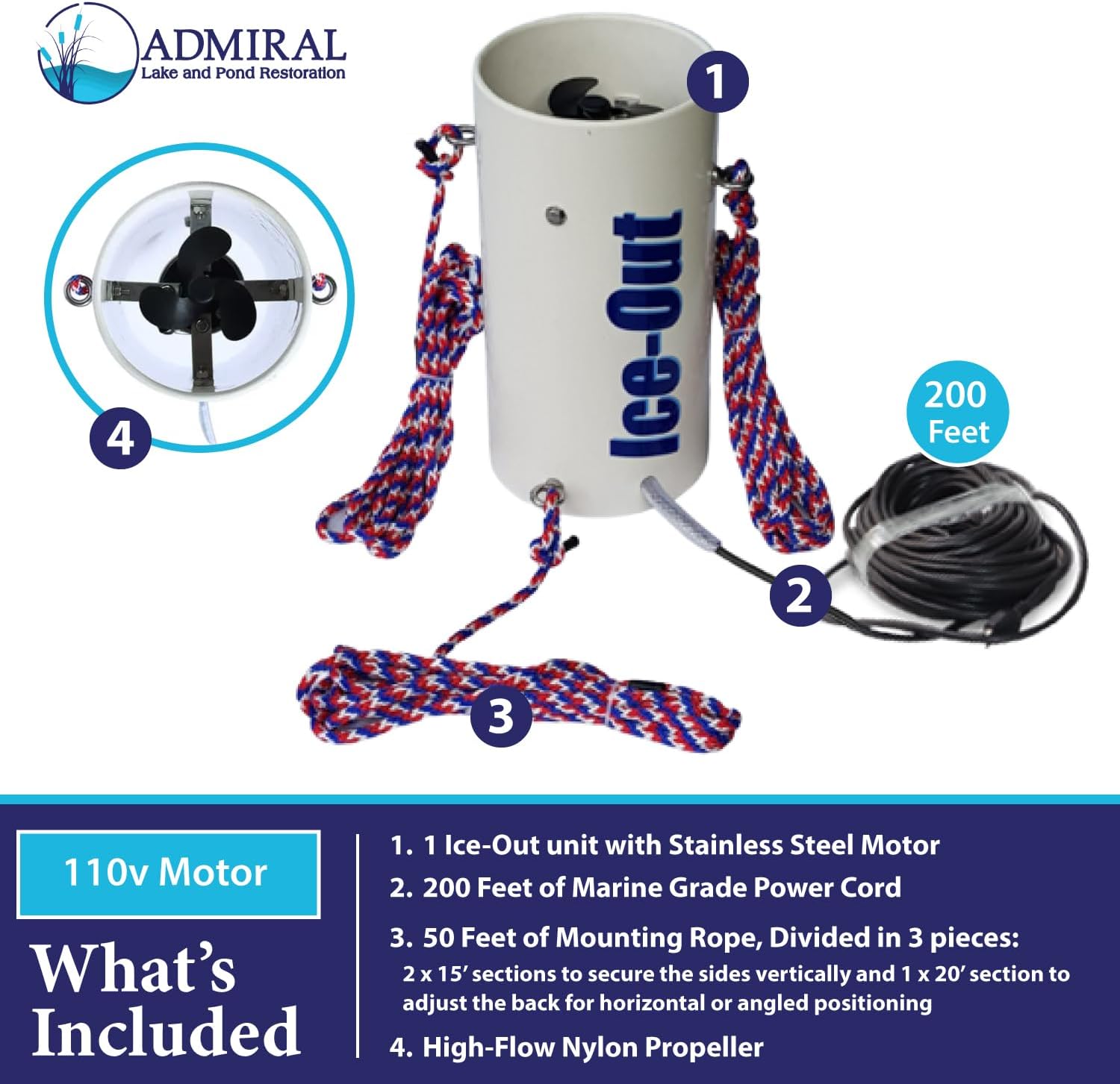 Admiral Lake and Pond Ice-Out Surface Aerator & De-Icer with 50 Ft Braided Polypropylene Mounting Rope | Freeze-Resistant Pond Aerator Moves 600 Gallons of Water per Minute | 1HP 110v Motor