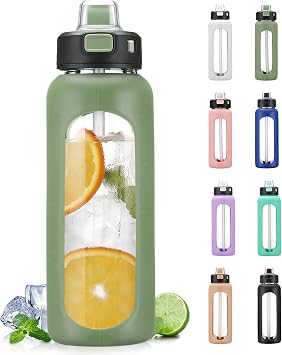 BLUEGO 700ml drinking bottle glass with straw and handle leak-proof water bottle with silicone cover and measuring scale Sport glass water bottle BPA free Oliver
