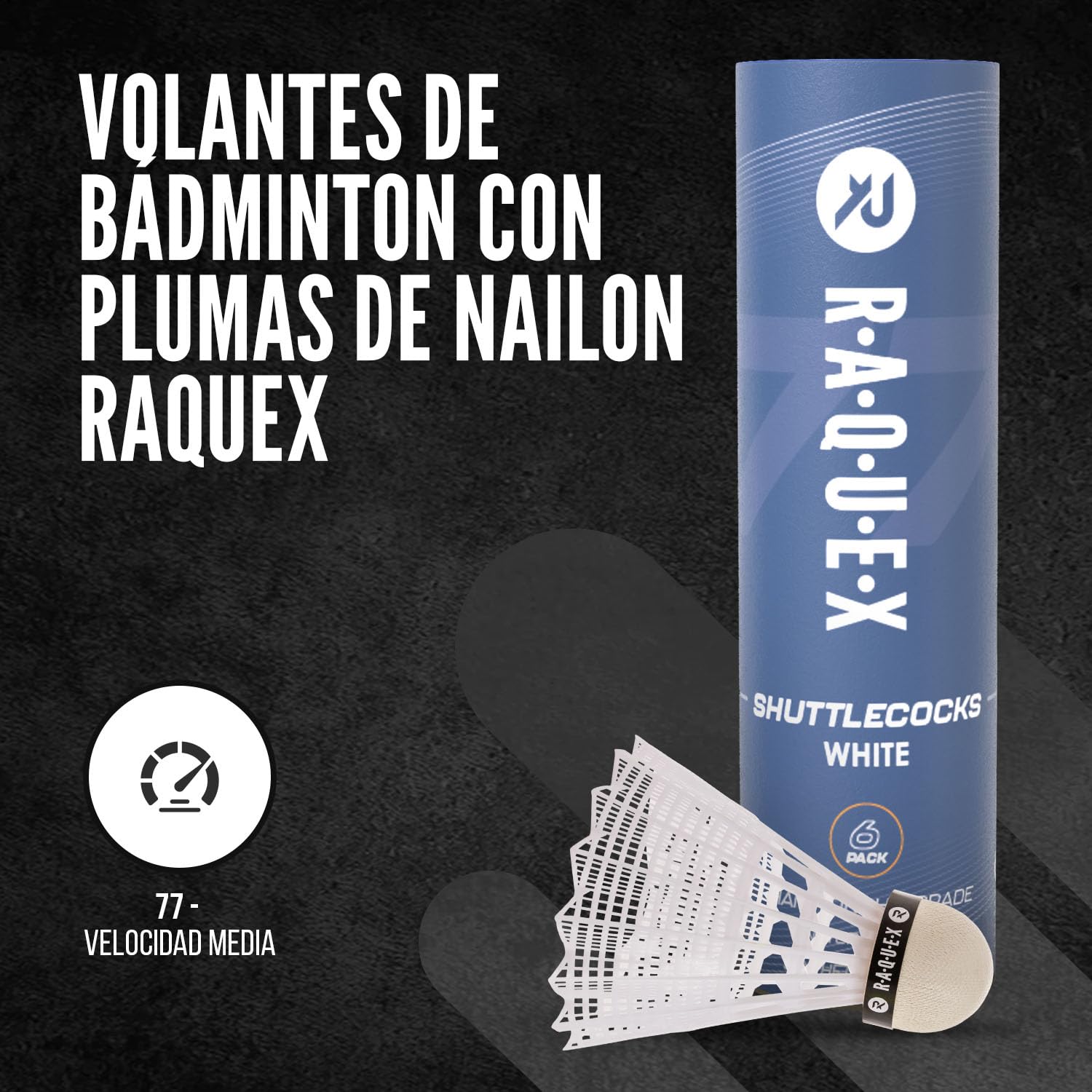 Raquex Volani da Badminton - Piume in Nylon, Tubo di 6 Volani con Testa in Sughero Naturale. Tre Opzioni di Velocità, Volani Bianchi o Gialli. Per Giocare al Coperto o All'aperto