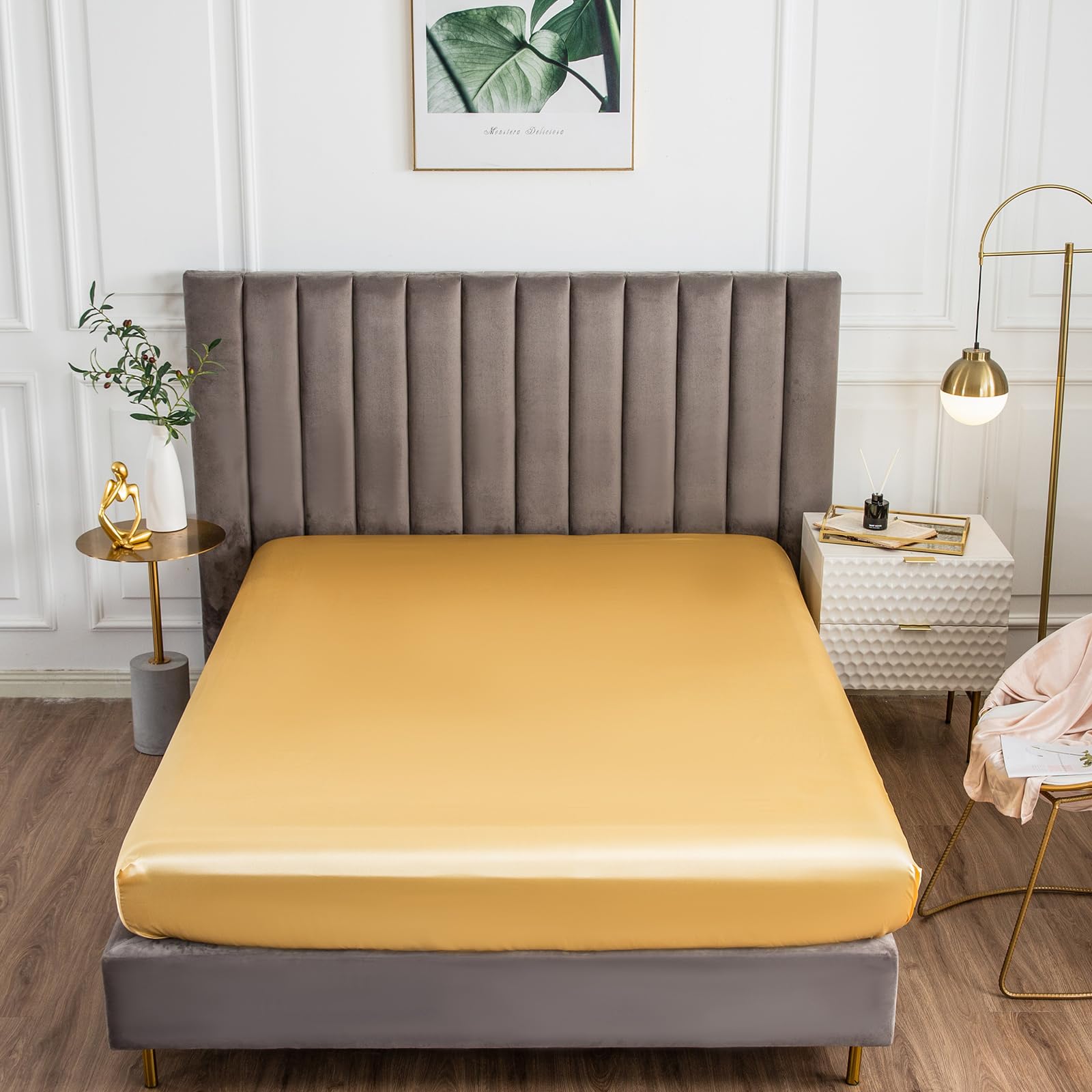 Morbuy Emperor Fitted Sheet Satin Silk Bed Sheets, Gold Fitted Sheets Deep Pocket 30 cm, Easy Care Ultra Soft Silky Fitted Bedsheets Good for Skin & Hair — image 1