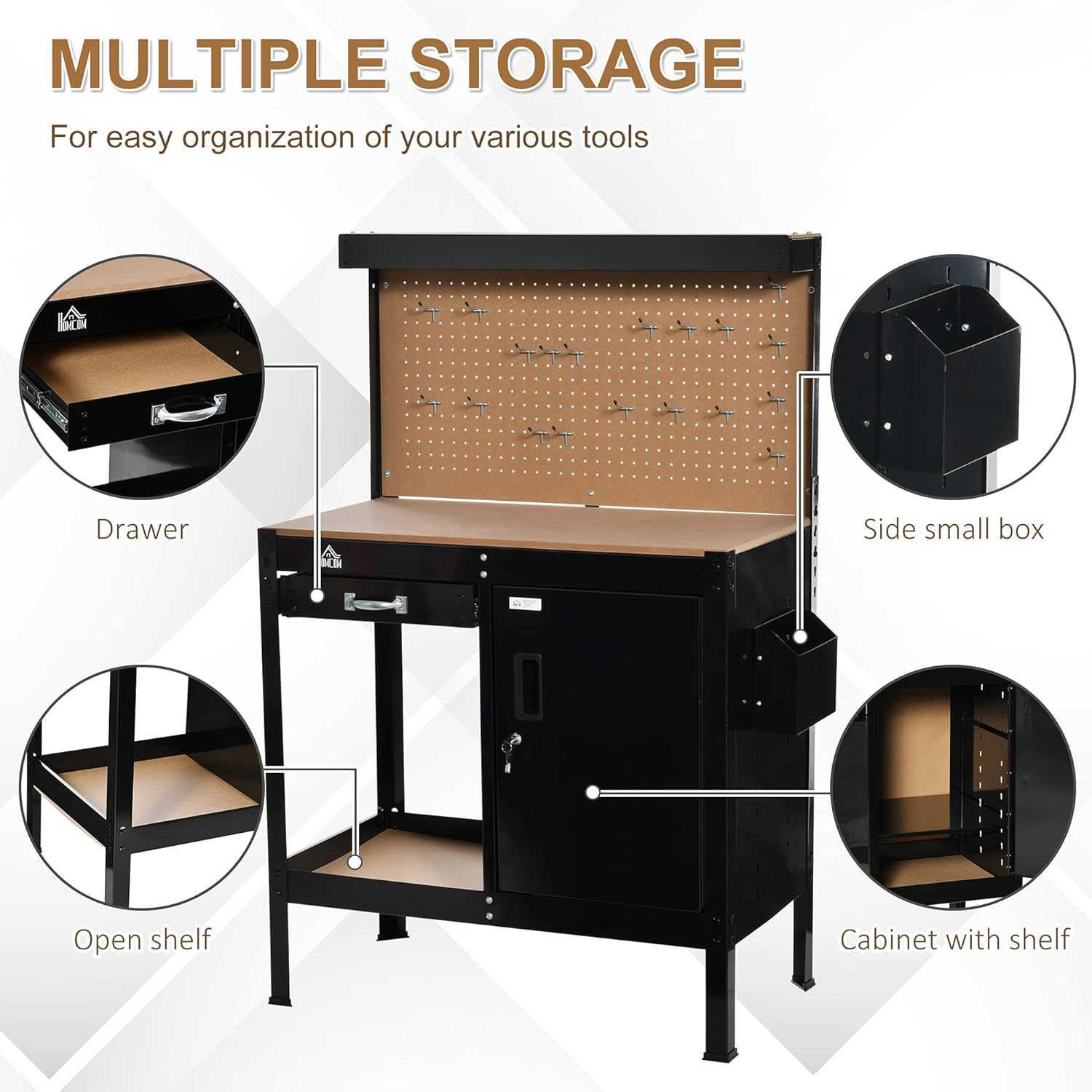 Workbench showing drawer, open shelf, and cabinet storage options