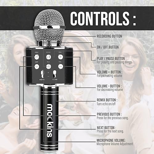 Miniatura 5 de Mockins - Micrófono de karaoke Bluetooth negro para niños con altavoz Bluetooth integrado, micrófono inalámbrico compatible con iPhone y Android,