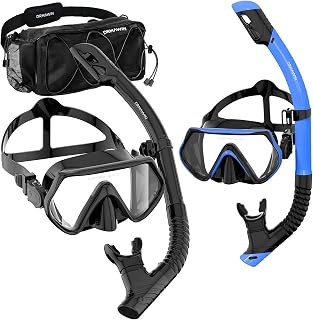 DRMAWIN Snorkeling Gear for Adults & Kids, Dry-Top Snorkel Set with 180° Tempered Glass Mask, Anti-Fog Anti-Leak, Travel Mesh Gear Bag