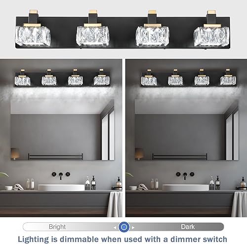 Miniatura 4 de Luces de tocador de baño sobre espejo, 4 luces regulables 5CCT, luces LED de tocador de cristal negro y dorado, iluminación de pared de 29.92