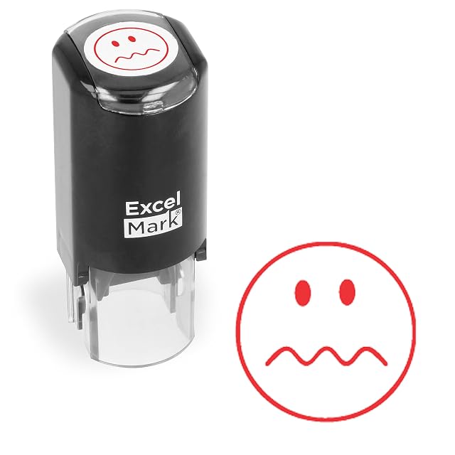 ExcelMark Round Teacher Stamp - SQUIGGLY LINE FACE - RED Ink