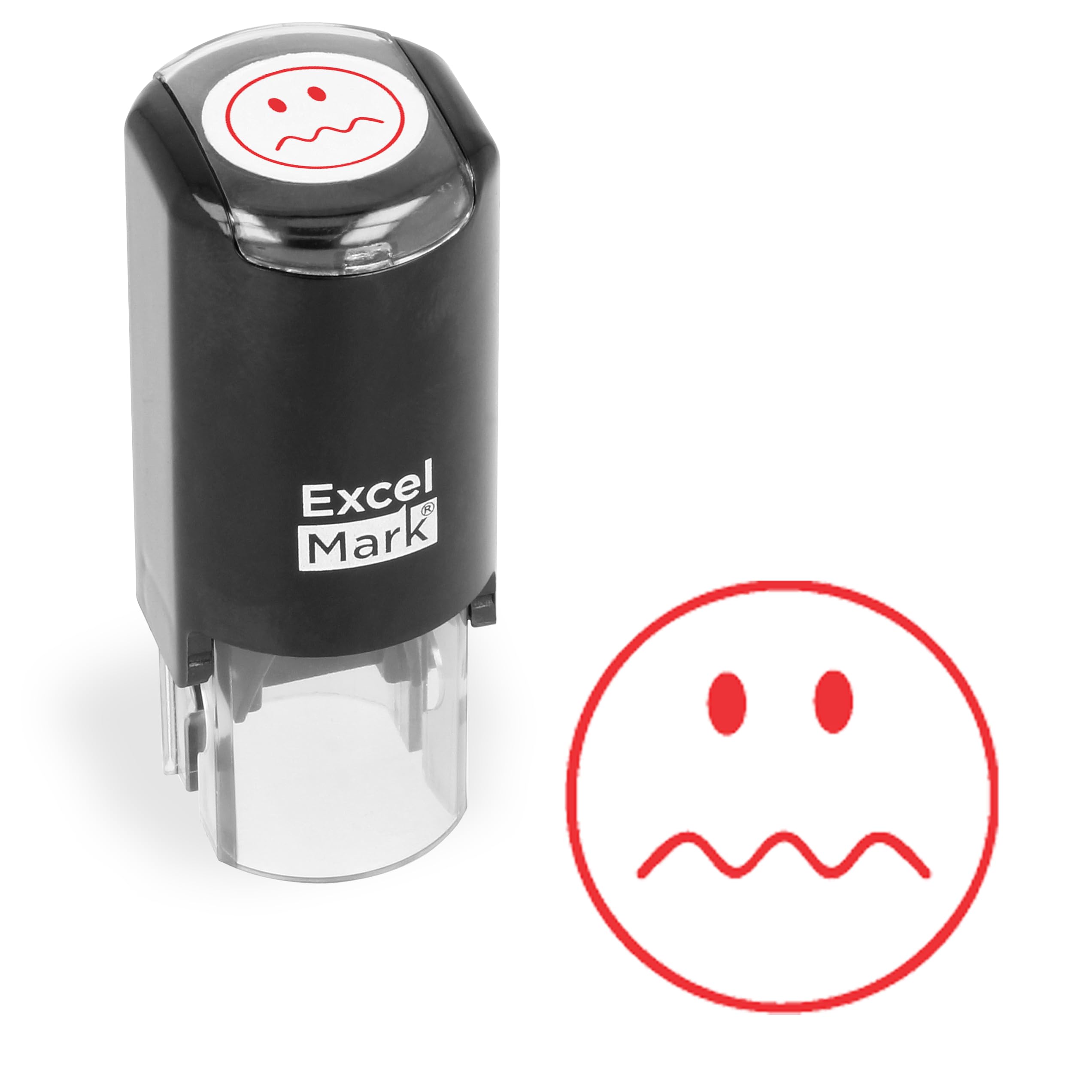 ExcelMark Round Teacher Stamp - SQUIGGLY LINE FACE - RED Ink