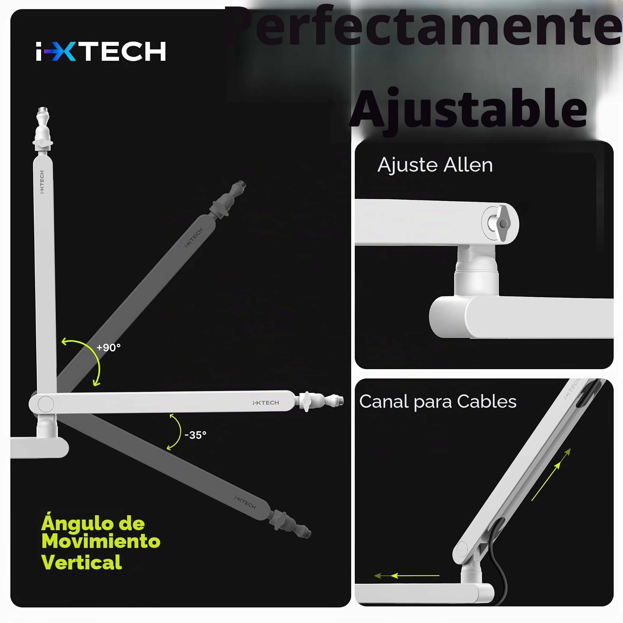 IXTECH Soporte de brazo para micrófono ajustable con rotación de 360°, soporte de micrófono de perfil bajo con brazo de boom para micrófono completamente ajustable y soporte universal para