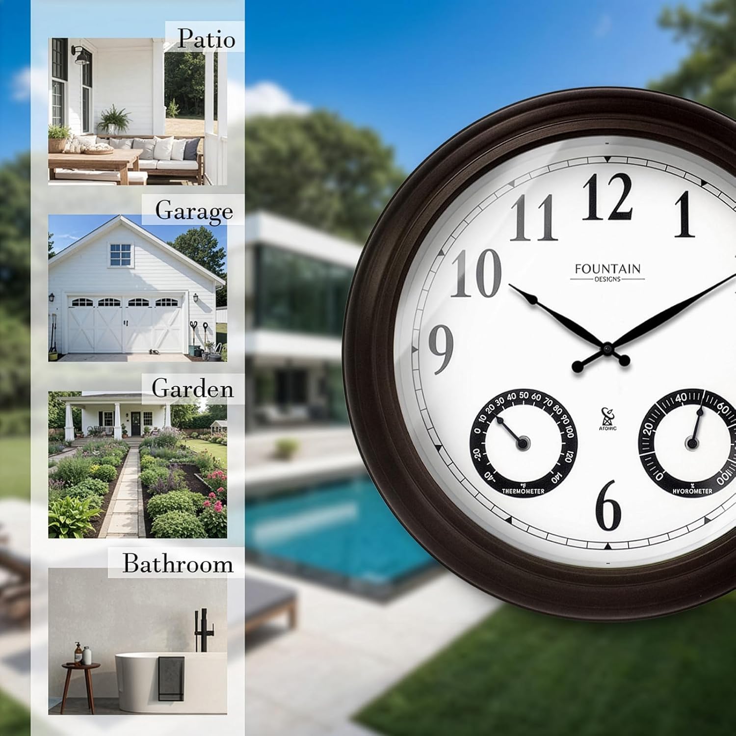 20" Evander Large Outdoor Atomic Wall Clock with Temperature & Humidity, Waterproof Outdoor Clock Thermometer Combo for Patio, Pool and Garden Decor,Oil Rubbed Bronze Black