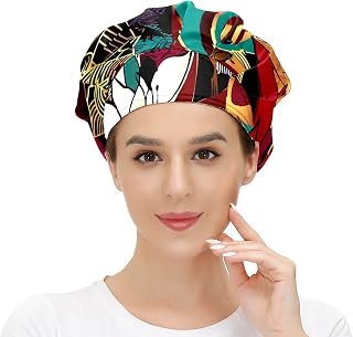 Working Cap with Button and Sweatband Adjustable Tie Back Bouffant Hats Printed Multi Color for Woman ManSpring Festival