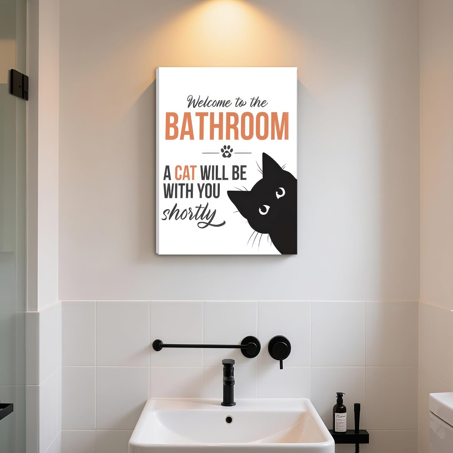Ovczax Funny Bathroom Wall Art, Welcome To Bathroom Cat Decor, Wall Decor Frame, Funny Cat Will Be With You Sign 24" x 16"