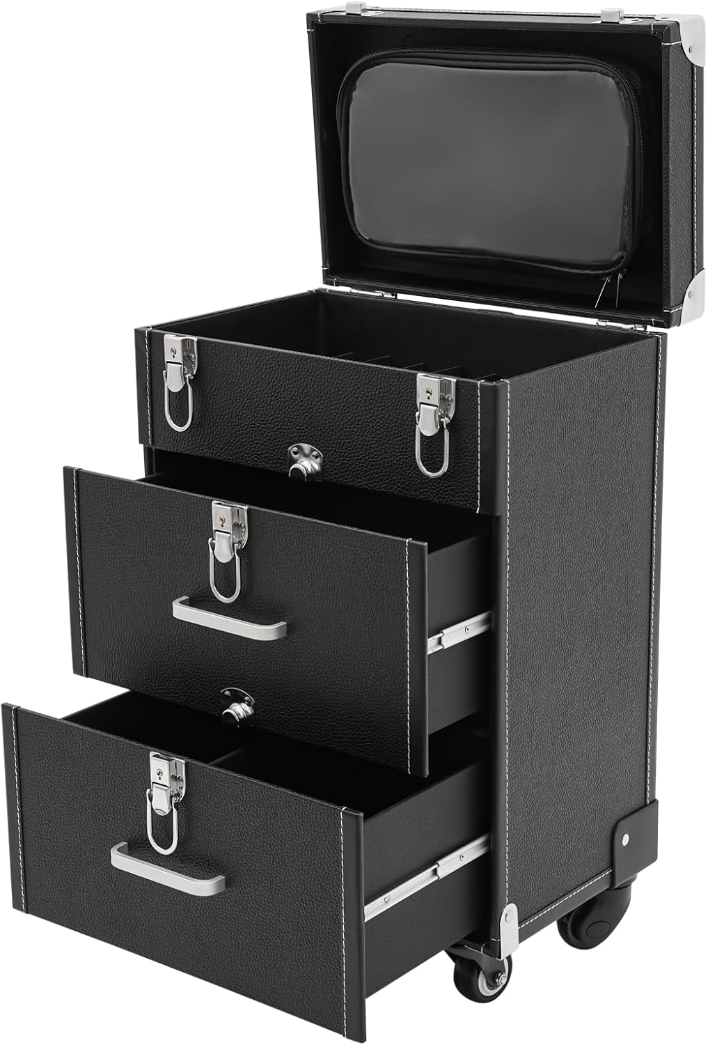 Makeup Train Case Large Storage Makeup Travel Case with Keys & 360° Swivel Wheels, Professional Makeup Case Cosmetic Train Cases w/Drawers, Make up Case for Nail Art/Hair Styling