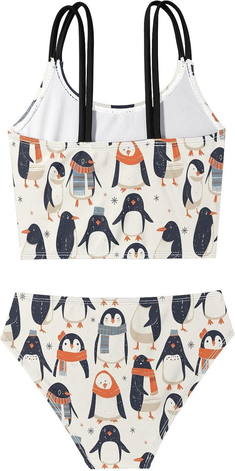 visesunny Girls Two Piece Swimsuits Penguin Scarf Hat Girl's Bikini Sets Bathing Suits for Girls Size 5-12Y