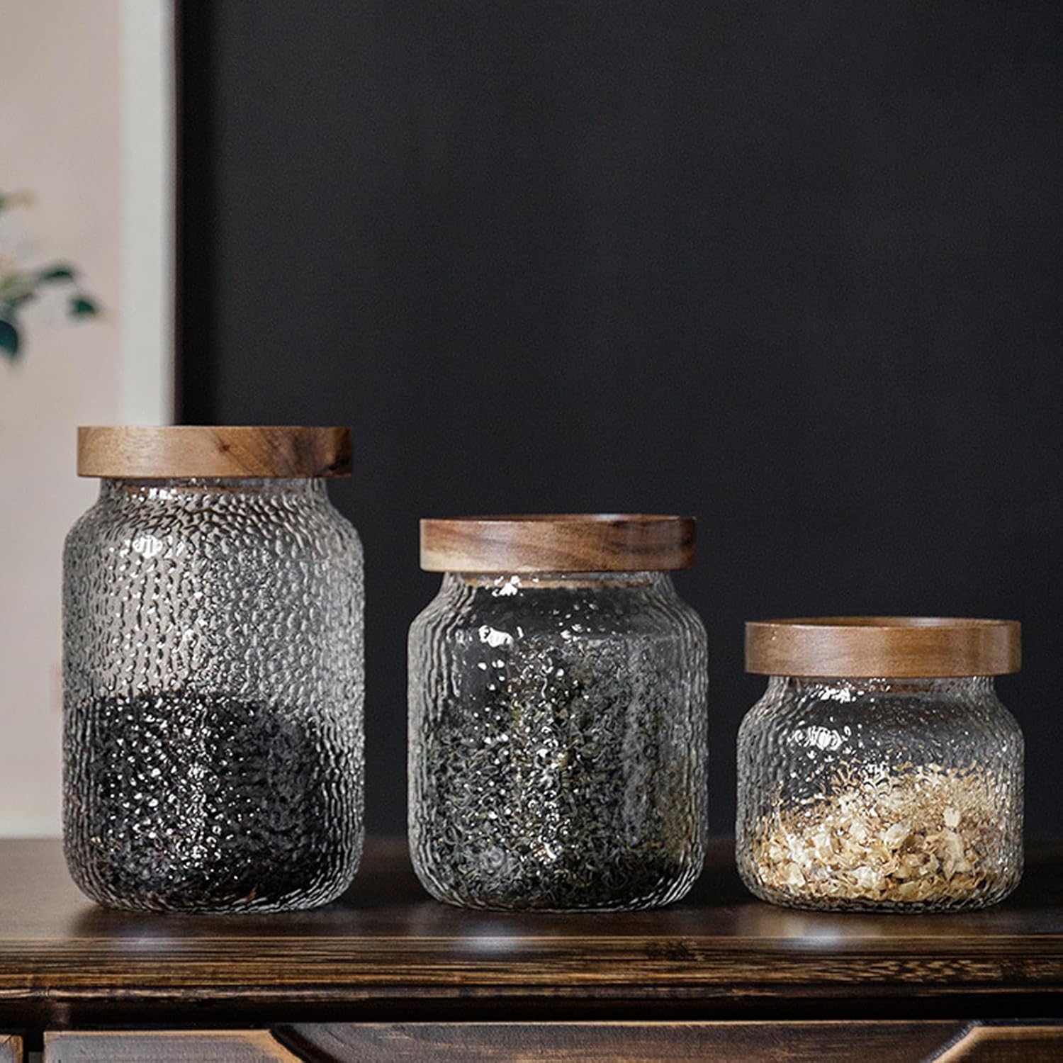 Viovian 16 oz Glass Coffee Nuts Canister Vintage Glass Storage Jars with Wooden Lids Clear Decorative Jar for Food Kitchen Coffee Tea Sugar Cookie Candy Counter Pantry 500ML