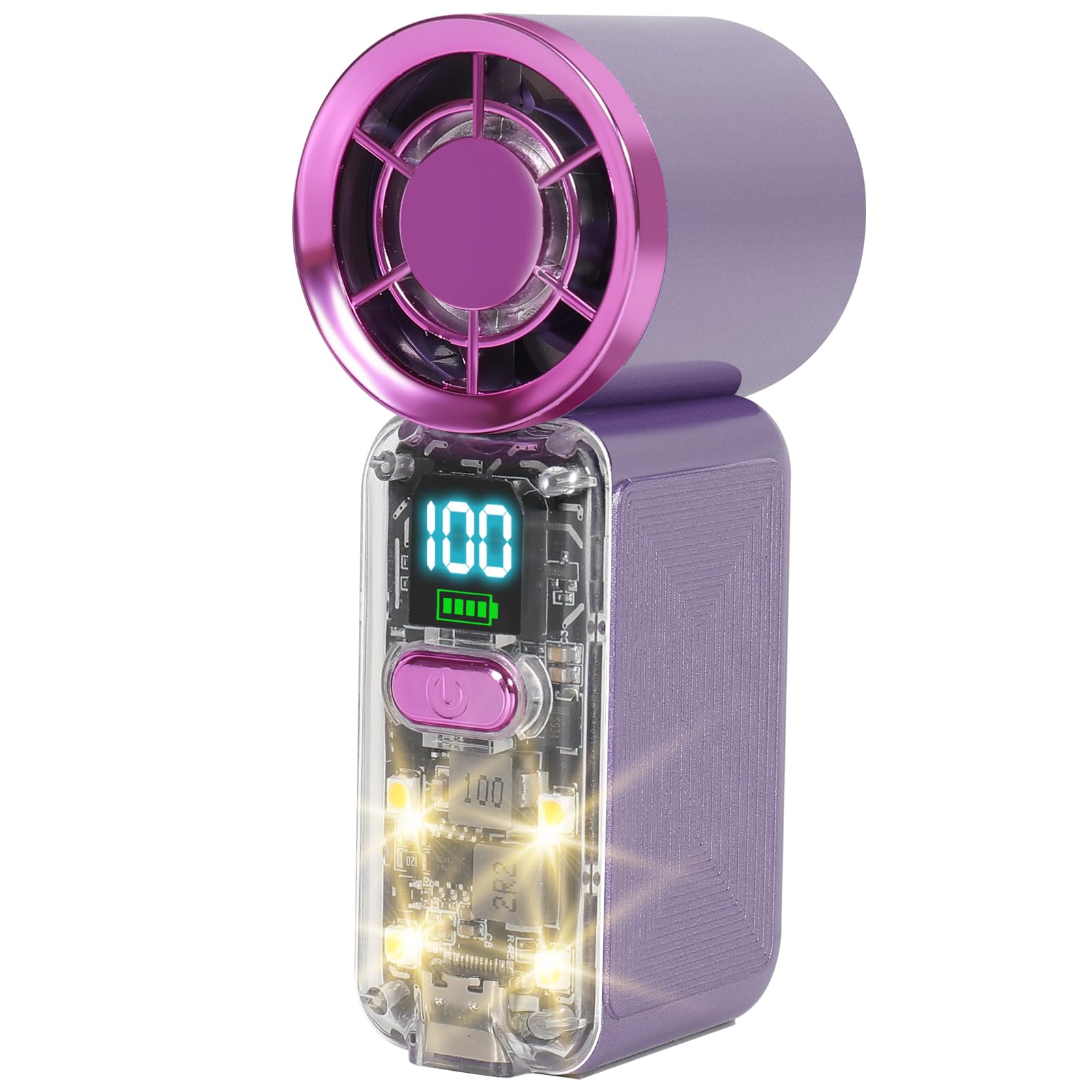 Ventilador turbo portátil de mano con luces, recargable por USB, funciona con pilas, mini ventilador de bolsillo pequeño con 5 velocidades para viajes, exteriores, vacaciones, conciertos