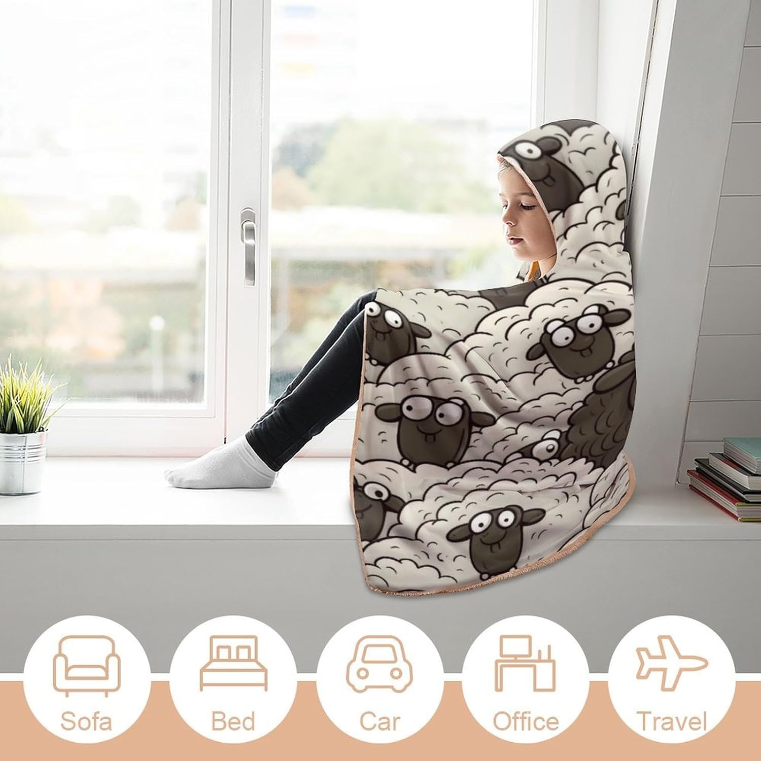 Cartoon Sheep Wearable Fleece Blanket with Hood for Men & Women Oversized Hoodie Blanket Soft Cozy Gift-