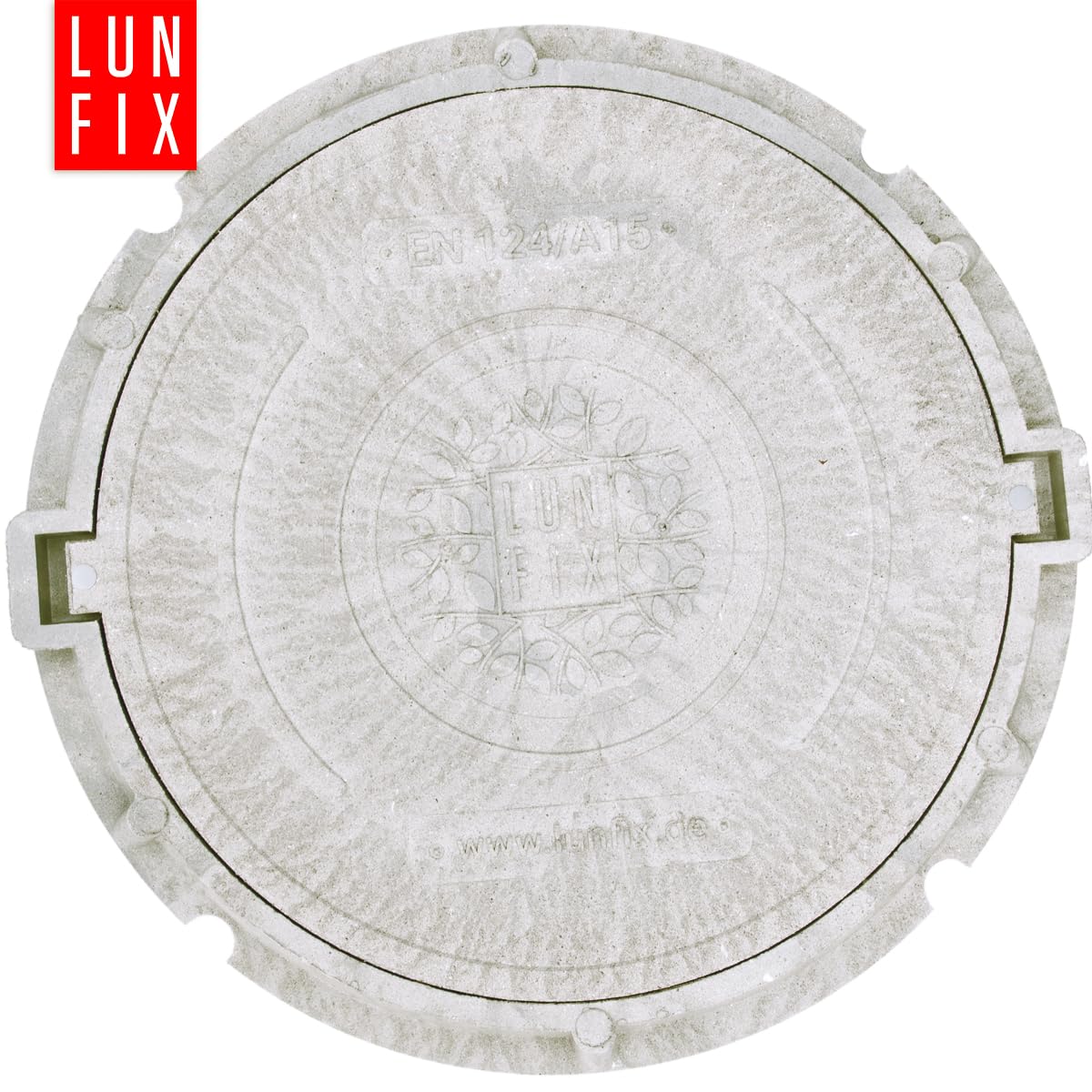 Tapa de arqueta redonda DN 600 mm gris claro clase A15 1,5t, Lun Fix | Polímero-sand resistente, tornillos antimanipulación, cubierta de registro para pozo de drenaje