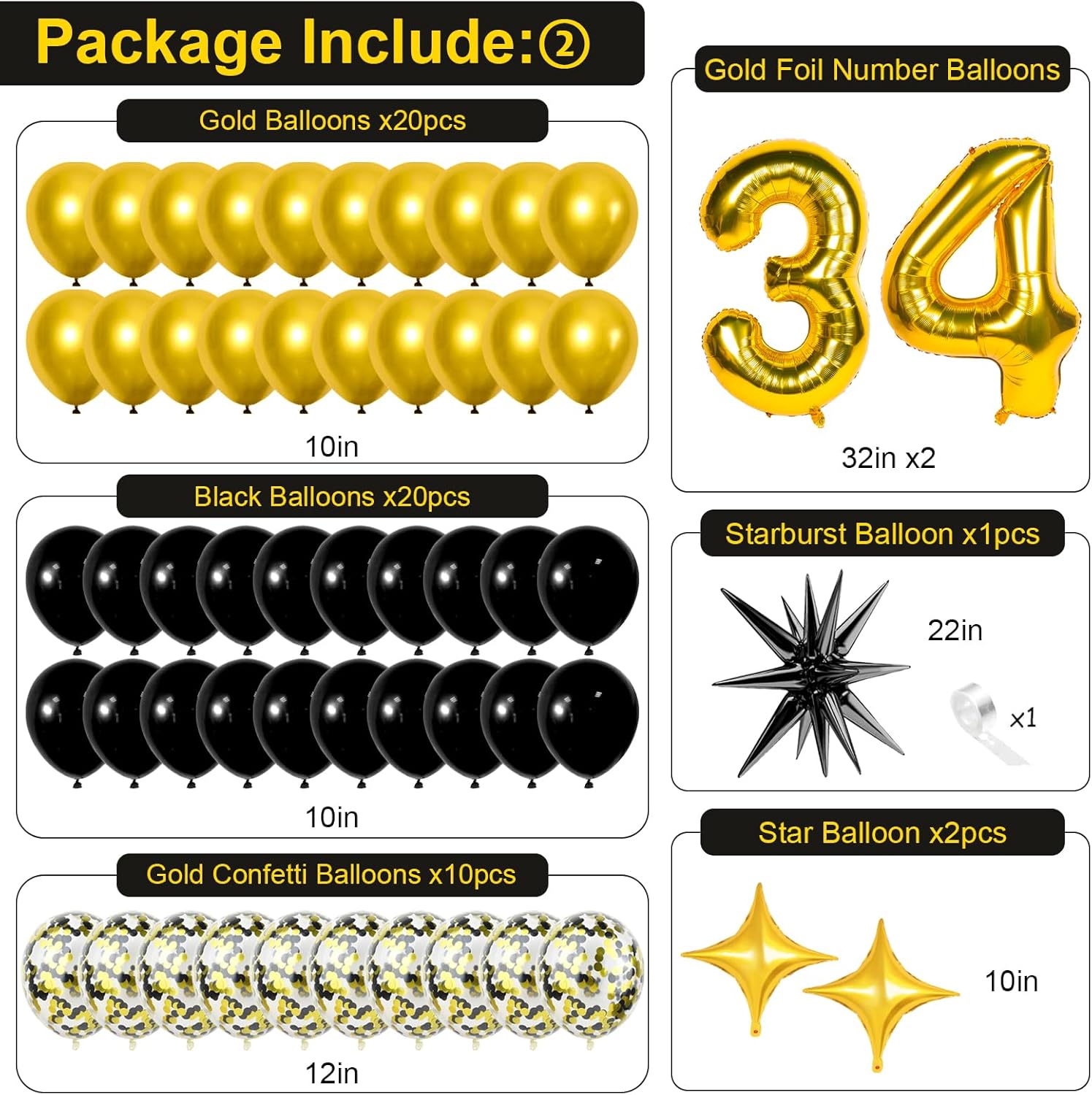 Black and Gold 34th Birthday Decorations for Men Women, Gold Party Decorations include Happy Birthday Banner, Tablecloth, Fringe Curtains, Star Foil Balloons for 34th Birthday Decorations - Image 3