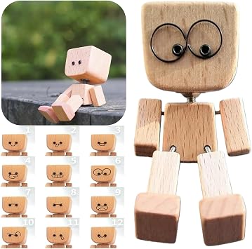 Shaking Feet Wooden Doll - Shaking Wooden Man Figurine for Car Dashboard Decorations, with 12PCS Magnetic Expressions, Funny Bobblehead Desk Decor for Office Home, Creative Gift Idea
