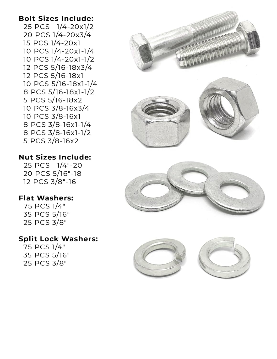 18-8 (304) Stainless Steel Hex Cap Screws Bolts Nuts Washers Assortment Kit - 574 Pcs!