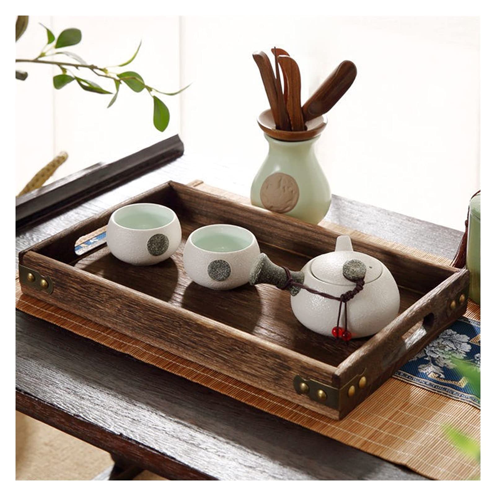 Bandeja Bandeja de servir y plato, placa de senderos de madera rectangular con bandeja de bocadillos de mango, bandeja de desayuno, decoración de granja con estilo Sirviendo platos Bandejas para Servi