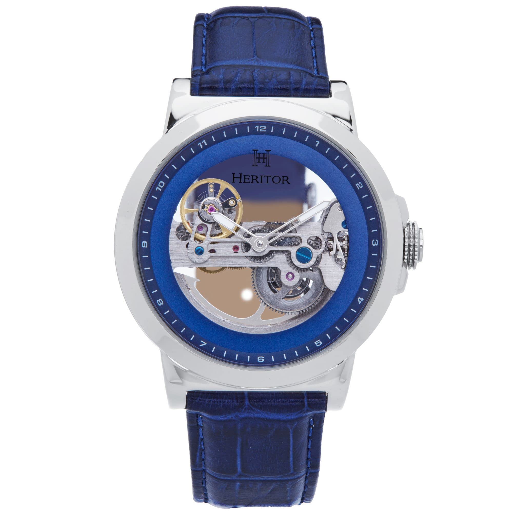 HERITORAutomatic Xander Semi-Skeleton Leather-Band Watch - Silver/Blue