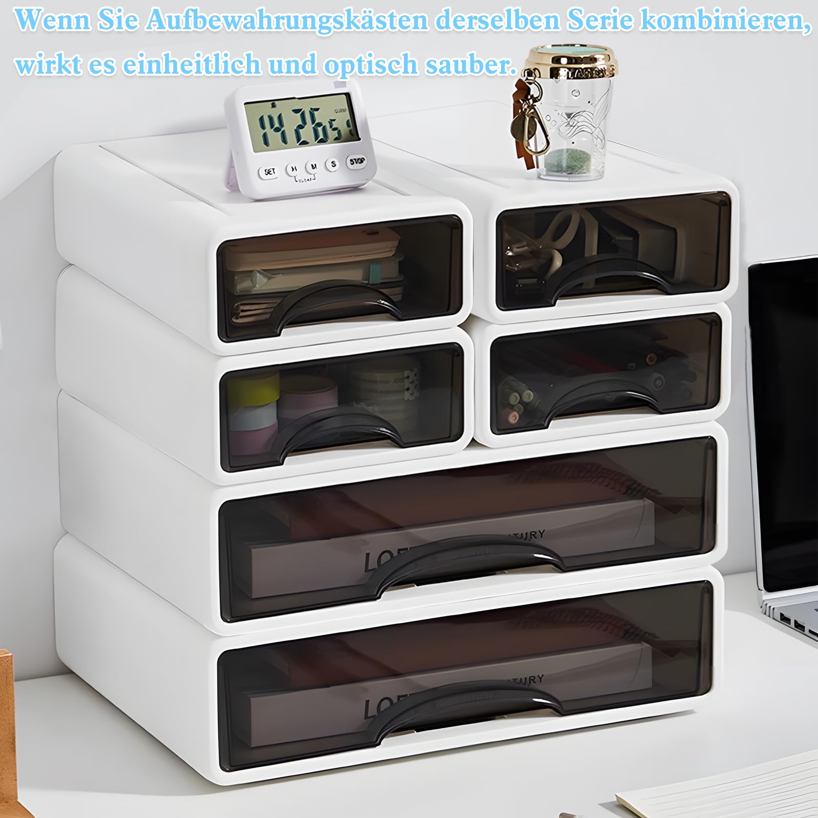 6er Set Schreibtisch Schubladenbox A4 A5 Gross, Büro Organizer mit Schubladen Stapelbar, Aufbewahrungsbox mit Schublade für Stifte, Radiergummi und Schreibwaren
