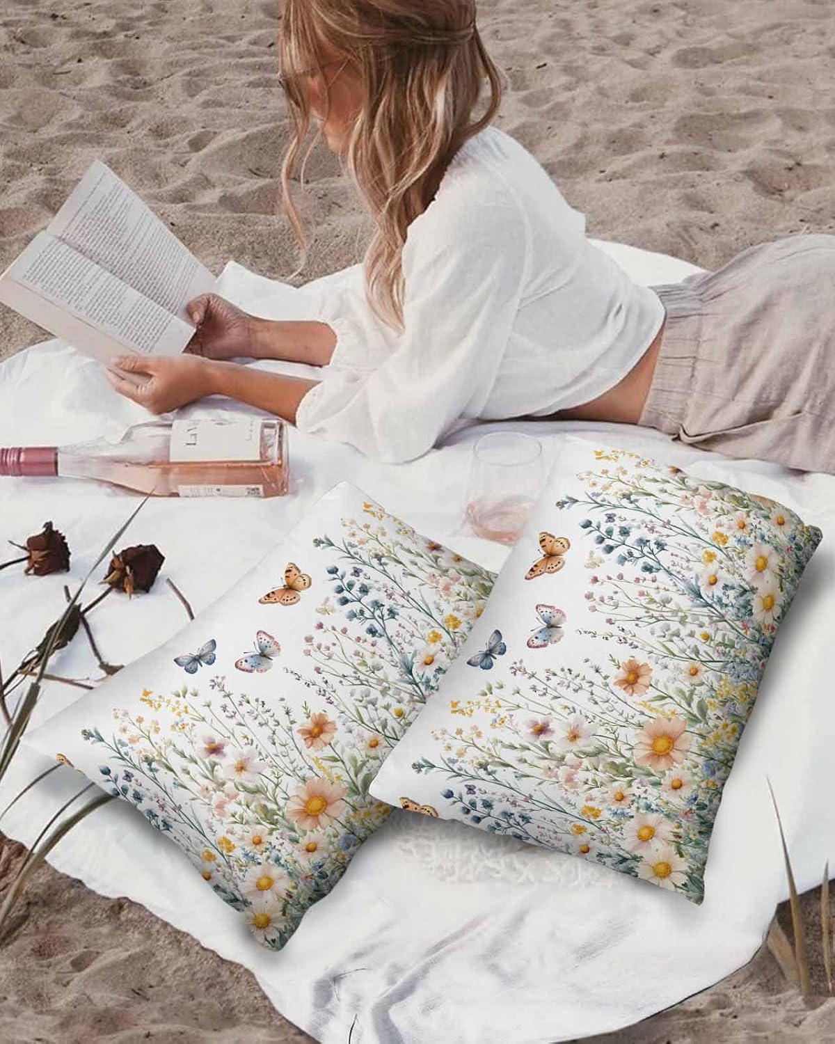 Outdoor Waterproof Pillow Covers Watercolor Daisy Floral Butterfly Decorative Throw Pillow Protectors, Wildflower Farm Pastoral Pillowcase Cushion Cases for Patio Sofa Garden Couch,20x12IN,Pack of 2