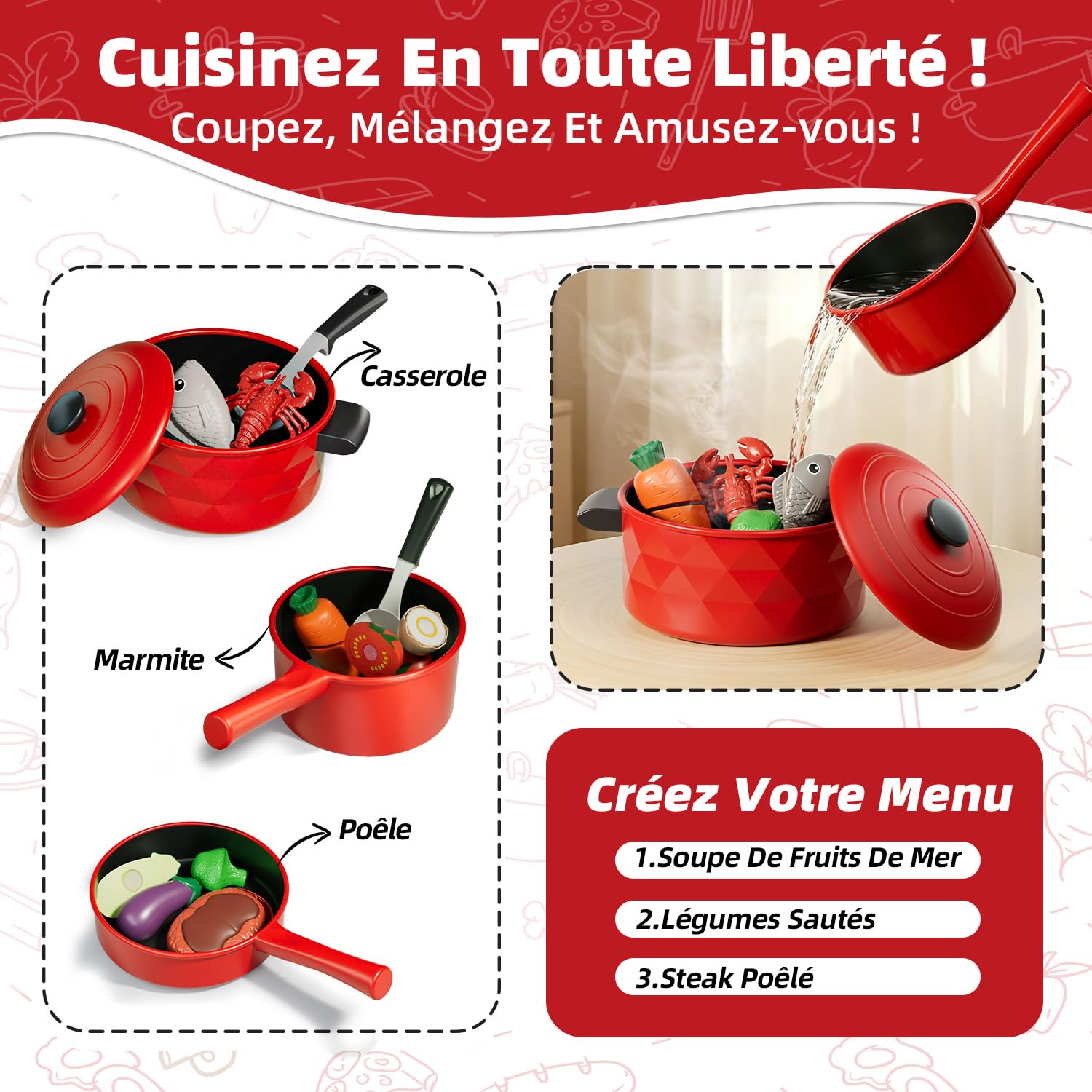 Lehoo Castle Accessoire Cuisine Enfant, Dinette 3 Ans, Ustensiles et Fruits et Légumes, Jouet Alimentaire Montessori 3+Ans, Cadeau Parfait pour Noël et Fête