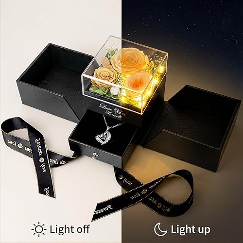 Miniatura 8 de DRTINA Collar de tres rosas champán reales preservadas con alas de ángel "I Love You", flores eternas, regalos de cumpleaños para mujeres, esposa