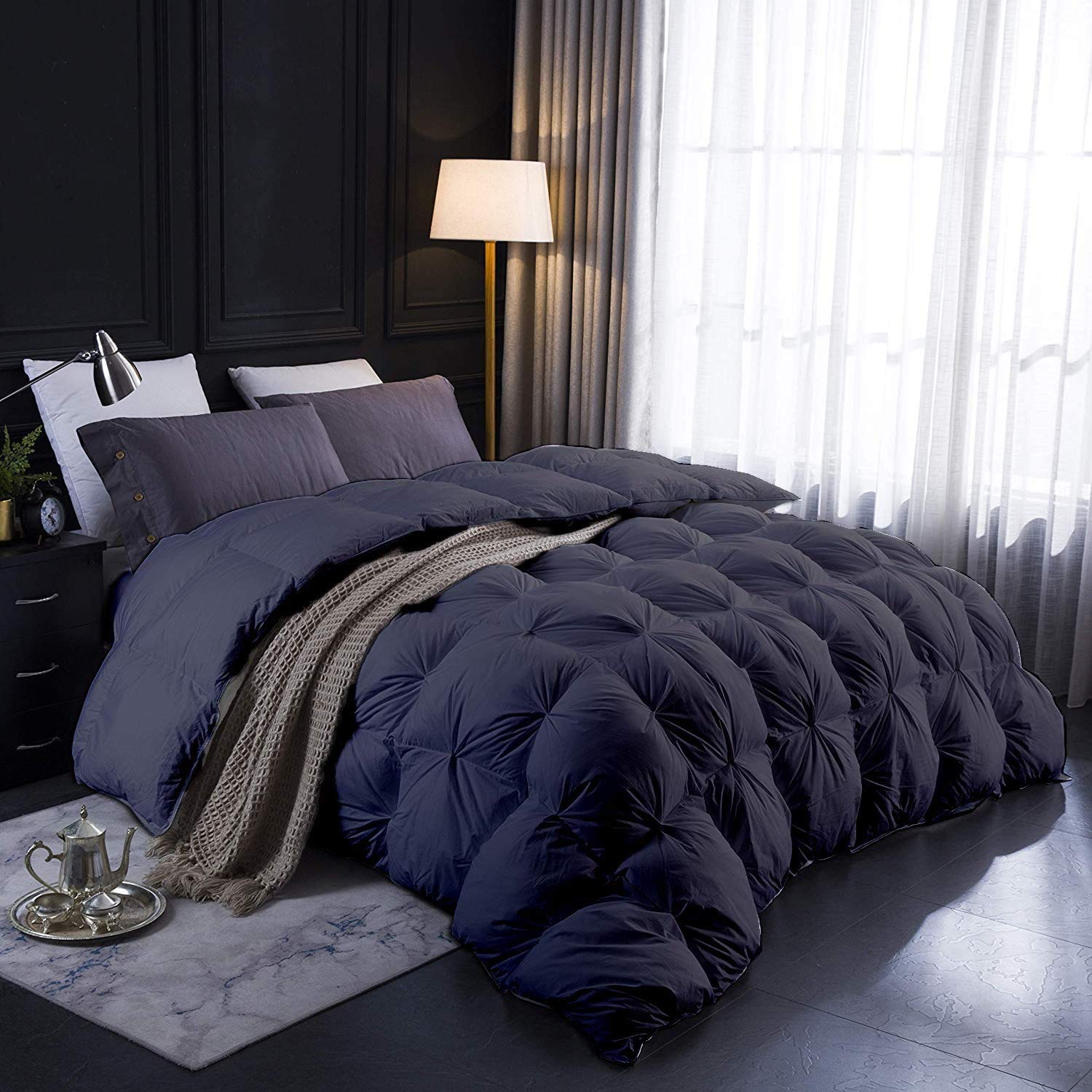 Premium Collection Pinch Pleated Down Comforter- Super King Plus 120x120 inch 1 Piece All-Season Duvet Insert, 500 GSM with Corner Tabs 100% Egyptian Cotton (Super King Plus (120x120), Dark Gray)