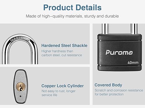Miniatura 7 de Puroma Candado con llave con 2 llaves iguales, cerradura de casillero de 1.8 pulgadas, cerraduras de alta resistencia para puerta, cerrojo, caja de