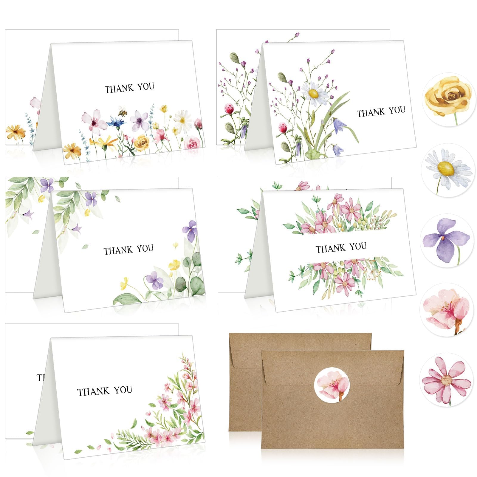 WSICSE 40 Pack Floral Thank You Cards with Envelopes & Stickers, 40-4x6Inch Wildflower Thank You Cards for Mother's Day,Bridal Shower,Wedding,Baby Shower