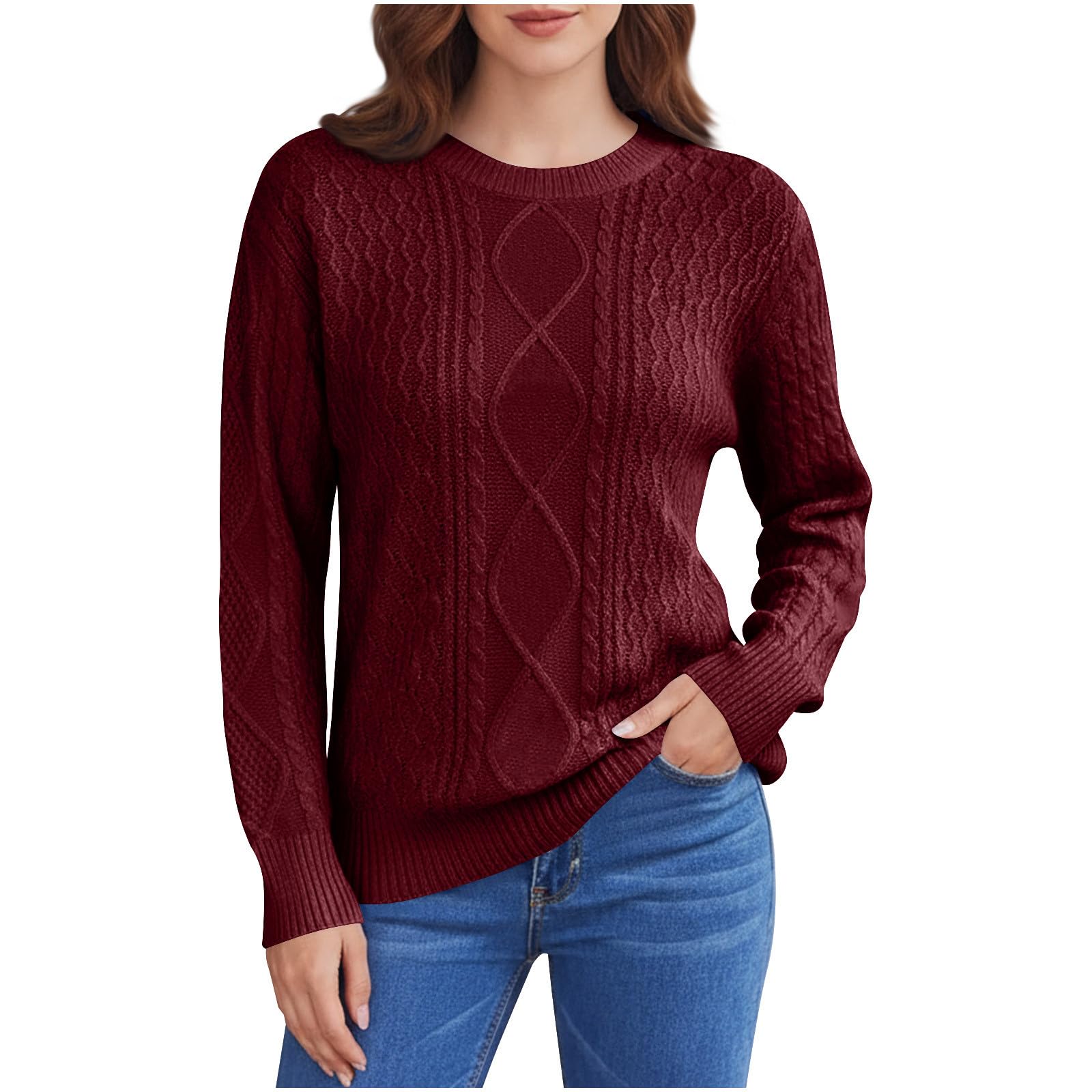Cable Knit Sweater Women Oversized Vintage Crewneck Pullover Outfits Cozy Winter Fall Sweaters for Women 2025