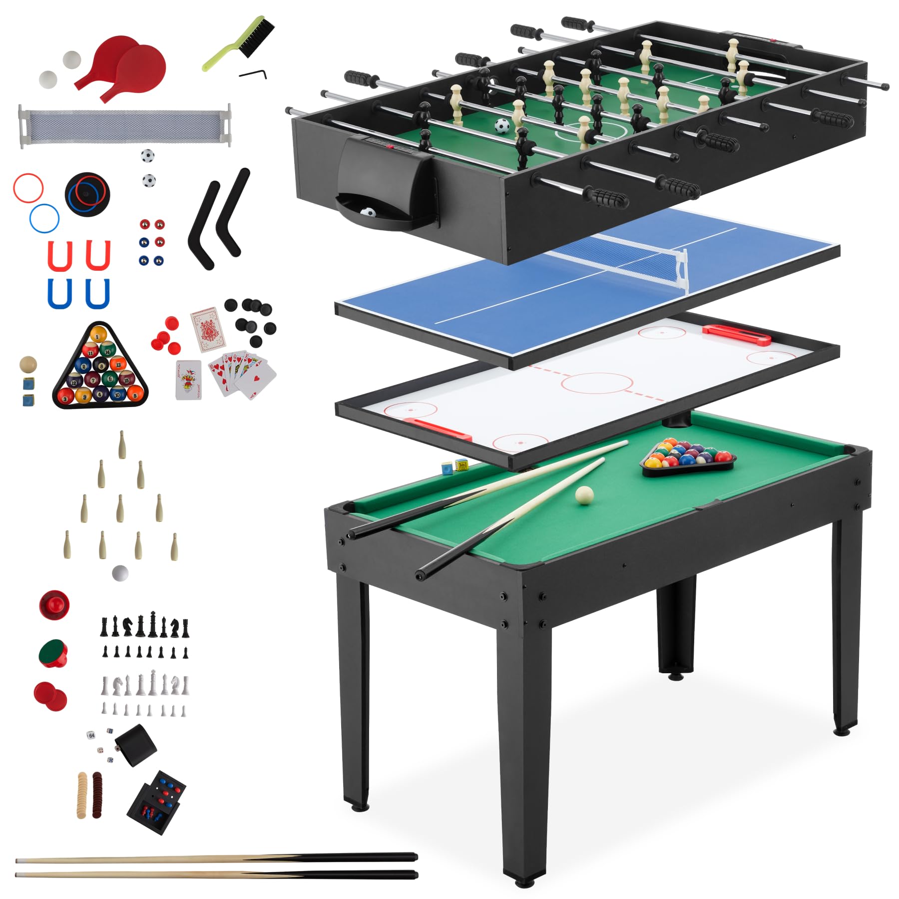 tectake® Table multijeux 15 en 1 Complet, Babyfoot, Ping Pong, Billard, Jeu de Dames, Backgammon, Échecs, Air Hockey, Bowling, Table de Jeux Billard Convertible, 125 x 123 x 83 cm, Accessoires Inclus