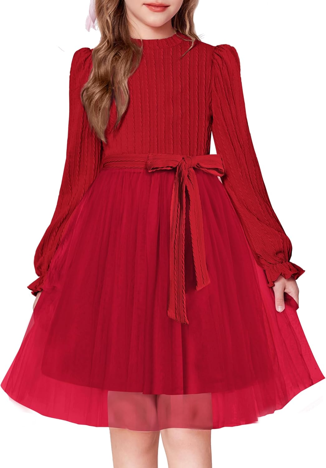 Arshiner Girls Tulle Dress Puff Long Sleeve Mock Neck Cable Knit Sweater Formal Casual Fall Winter Tutu Dresses with Belt 7-8 Years Red