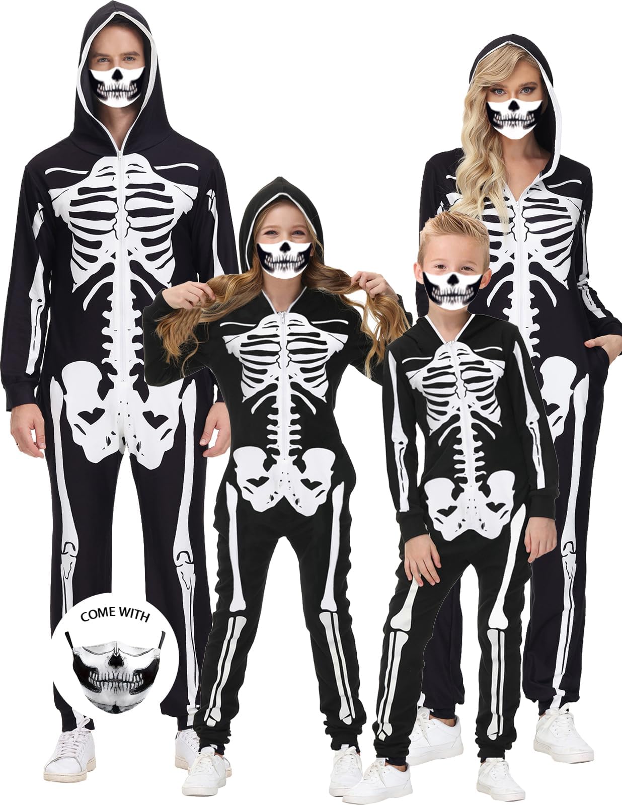 Rubehoow Halloween Skeleton Onesie Pajama Matching Family Zipper Hooded Jumpsuit with Front and Back Skeleton Bone Print