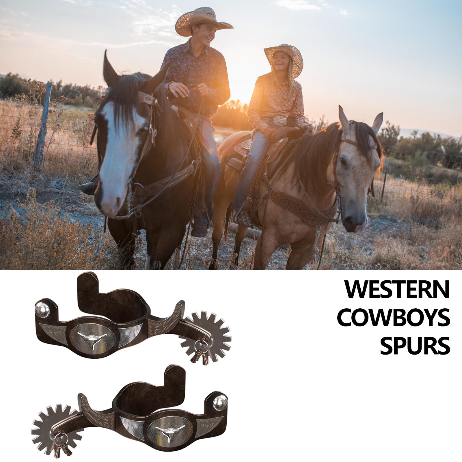 Éperon d'équitation avec rivets sécurisés et sculptures élégantes, convient pour l'entraînement, la compétition et les dressages, utilisez l'éperon Western Denims