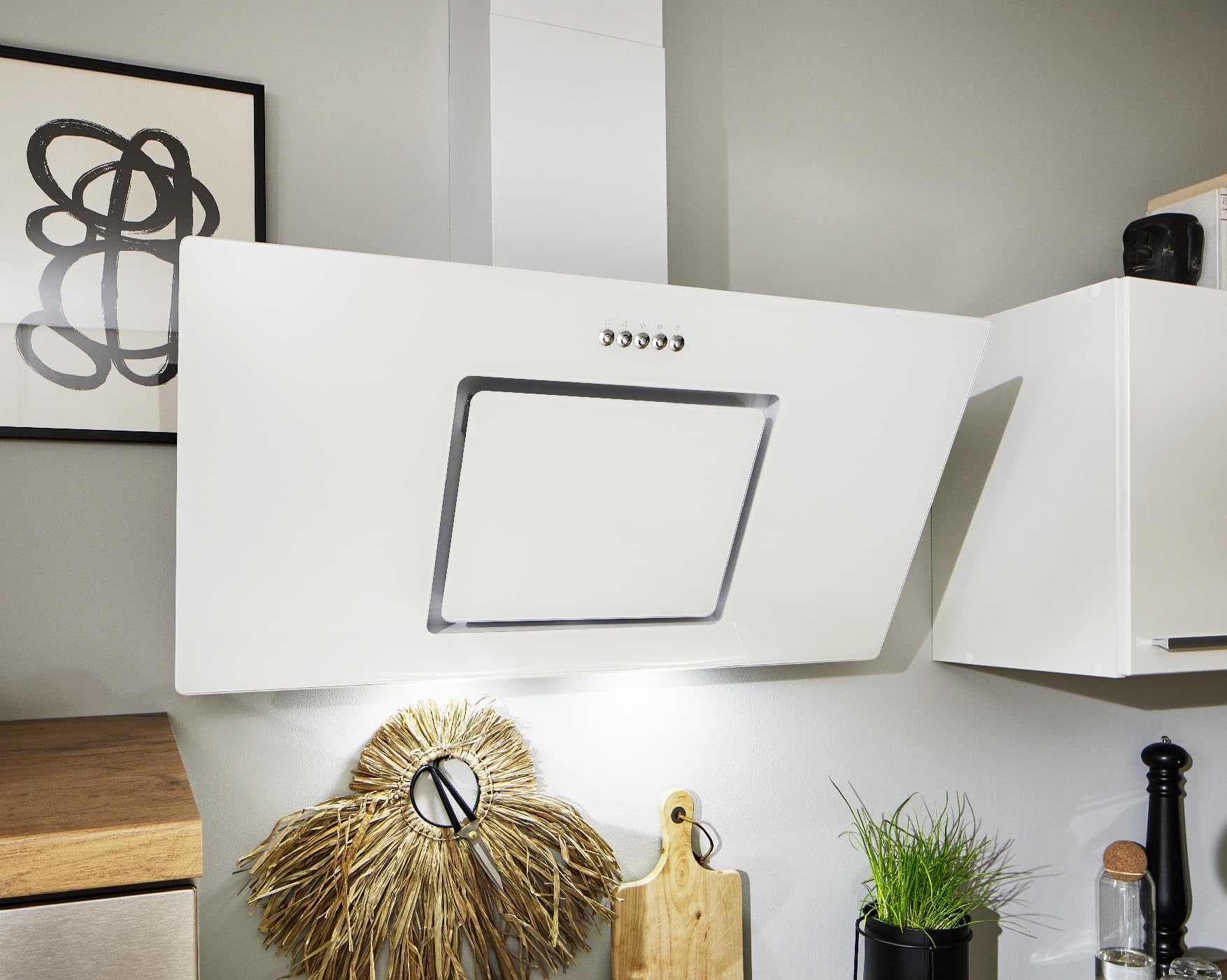 Respekta Cappa Cucina Inclinata Con Spazio Per La Testa, Cappa Cucina Verticale 90 Cm, Scocca In Metallo Con Vetro Bianco, Funzione Di Scarico E Ricircolo, CH22010,90wbz, B, 54 – 62 Db